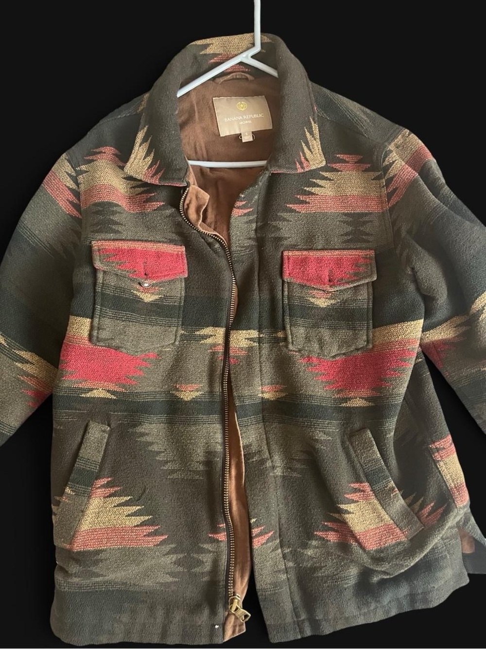 Banana Republic Olive Green Jacket with Red & Tan Pattern